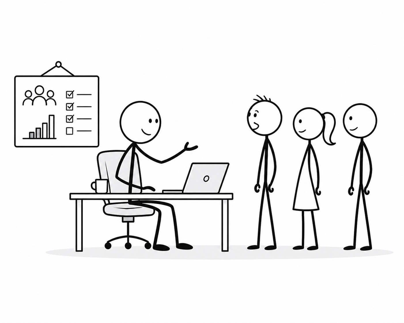 Stick figure managing a team